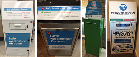 Safe Medical Disposal Kiosks, from left to right: Walgreens, St Mary Corwin Emergency Dept., Kaiser Permanente Pharmacy