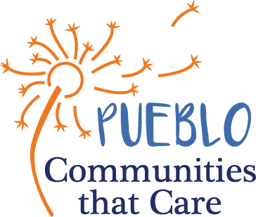 Blue text that reads "Pueblo: Communities that Care" with orange dandelion seed pod 
