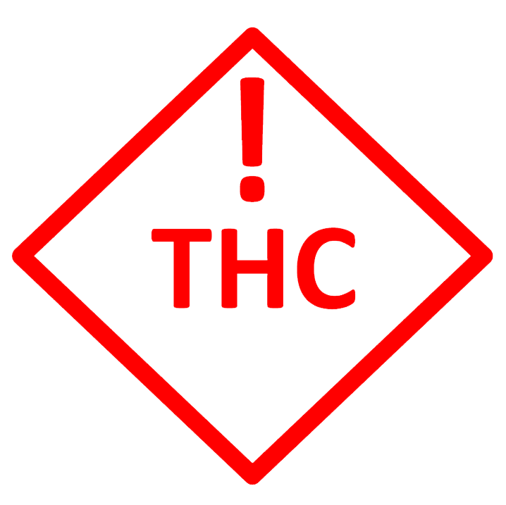 An exclamation point with the word "THC" below it, inside a red diamond