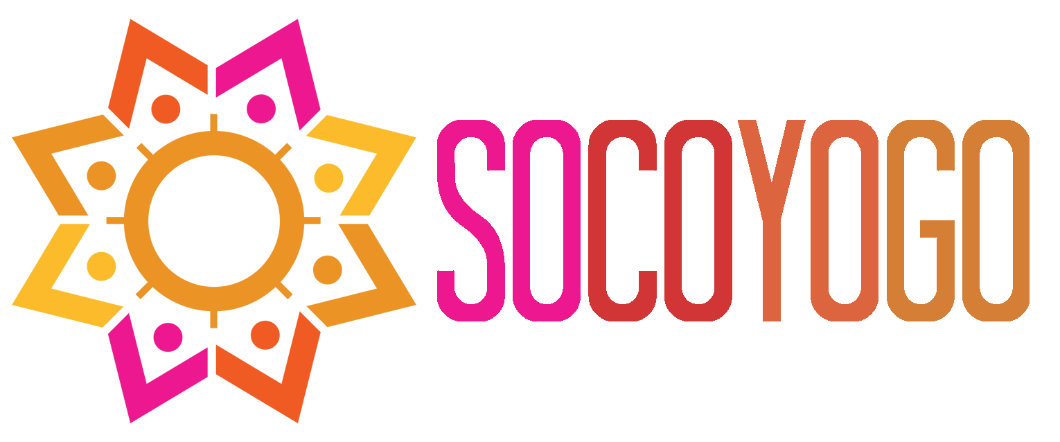 SOCOYOGO logo: Sunflower with multi-colored petals in orange, pink, and red