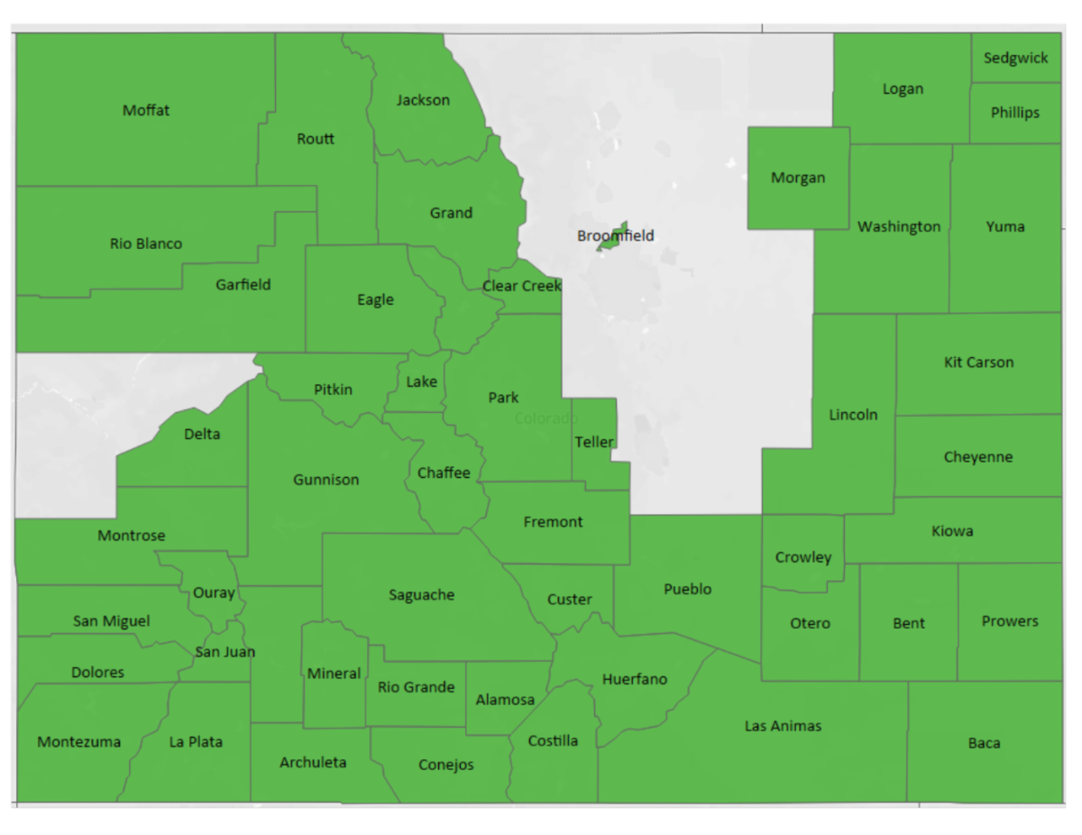 A map highlighting the 29 WIC designated Colorado counties that Pueblo County WIC serves