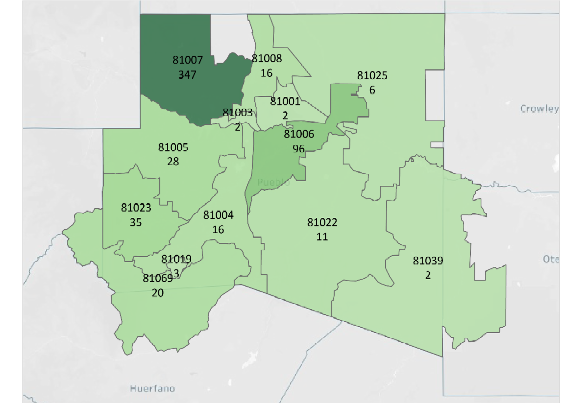 Map of Pueblo County showing Septic Permits Issued by region