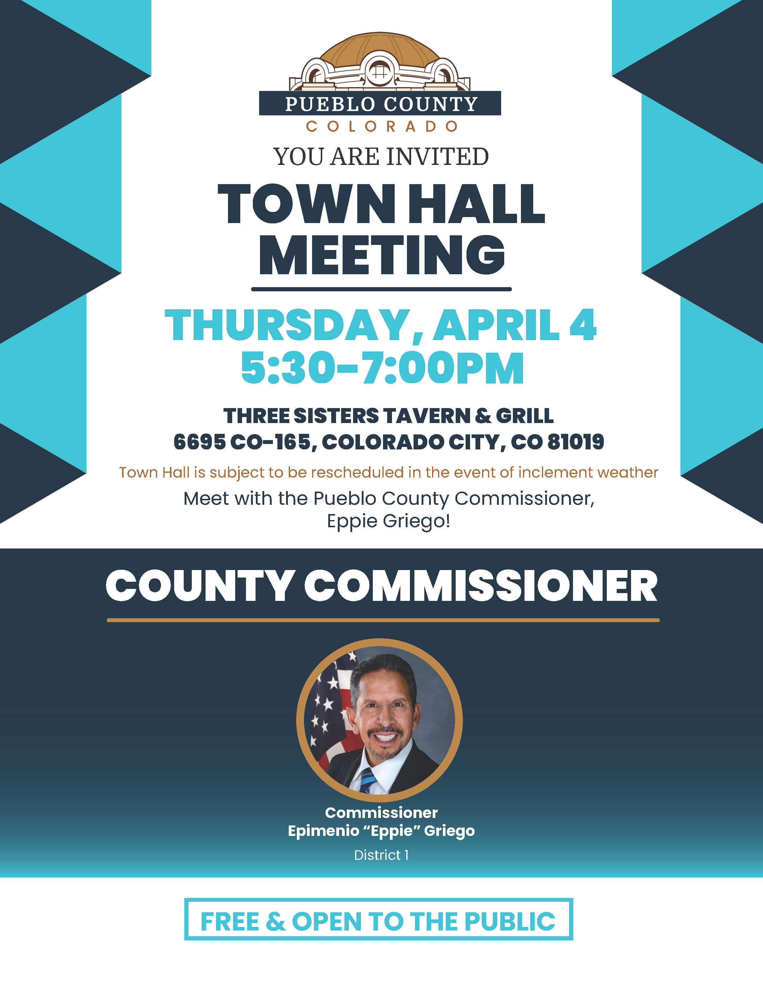 Town Hall Meeting. Thursday, April 4 5:30-7pm. 6695 CO-165, Colorado City, 81019. Meet with Pueblo County Commissioner Eppie Griego! Free and open to the public.