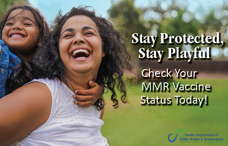 Mother and daughter smiling with message encouraging MMR vaccination.