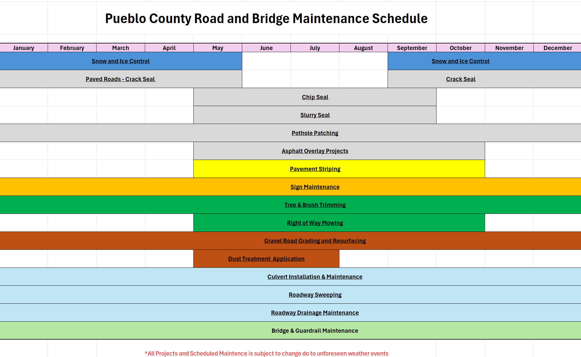 Pueblo County Road and Bridge Maintenance Schedule. Click to download an XLSX file
