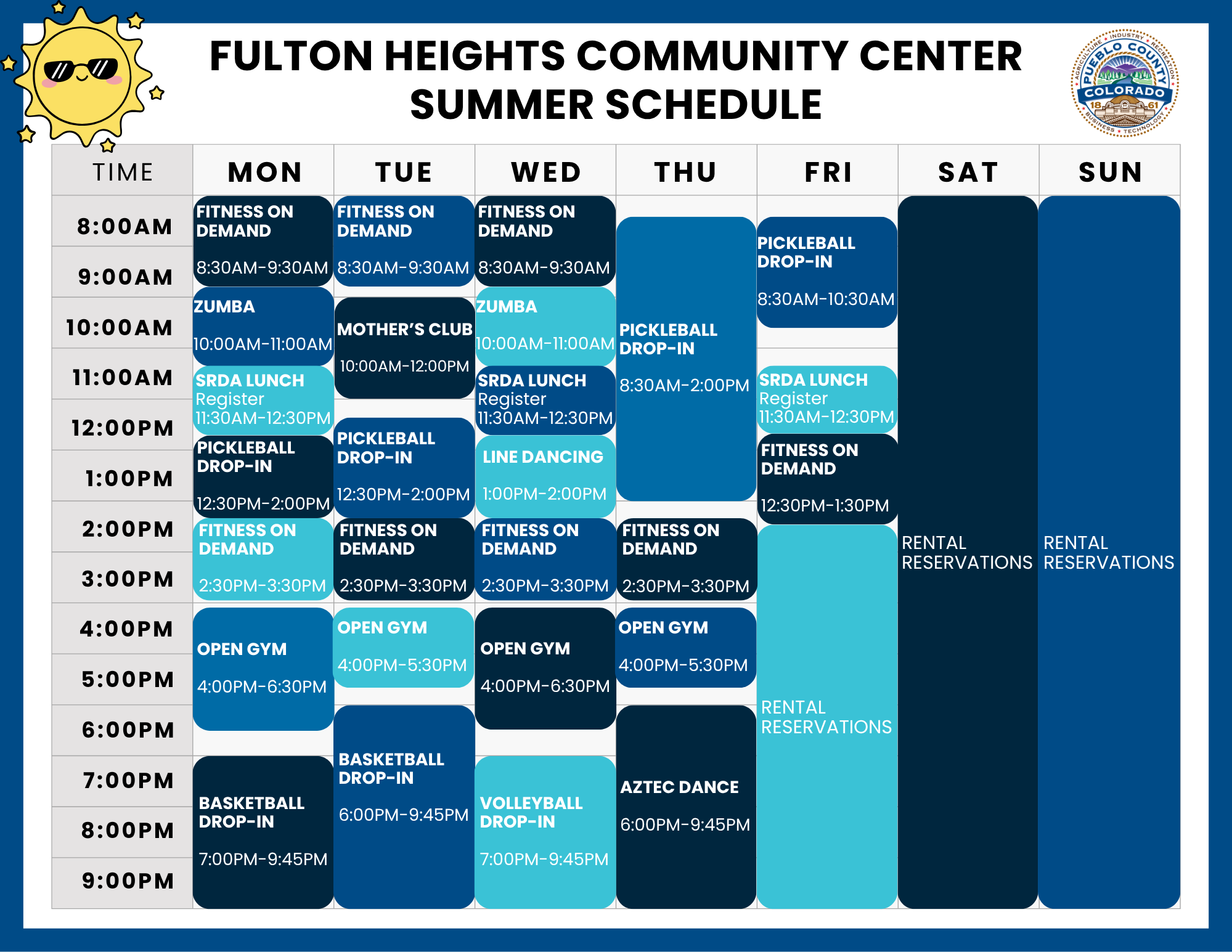 Fulton Heights Community Center Summer Schedule.
Schedule details by day:
Monday: Fitness on Demand, 8:30–9:30 AM. Zumba, 10:00–11:00 AM. SRDA Lunch (registration required), 11:30 AM–12:30 PM. Pickleball Drop-In, 12:30–2:00 PM. Fitness on Demand, 2:30–3:30 PM. Open Gym, 4:00–6:30 PM. Basketball Drop-In, 7:00–9:45 PM.
Tuesday: Fitness on Demand, 8:30–9:30 AM. Mother's Club, 10:00 AM–12:00 PM. Pickleball Drop-In, 12:30–2:00 PM. Fitness on Demand, 2:30–3:30 PM. Open Gym, 4:00–5:30 PM. Basketball Drop-In, 6:00–9:45 PM.
Wednesday: Fitness on Demand, 8:30–9:30 AM. Zumba, 10:00–11:00 AM. SRDA Lunch (registration required), 11:30 AM–12:30 PM. Line Dancing, 1:00–2:00 PM. Fitness on Demand, 2:30–3:30 PM. Open Gym, 4:00–6:30 PM. Volleyball Drop-In, 7:00–9:45 PM.
Thursday: Pickleball Drop-In, 8:30 AM–2:00 PM. Fitness on Demand, 2:30–3:30 PM. Open Gym, 4:00–5:30 PM. Aztec Dance, 6:00–9:45 PM.
Friday: Pickleball Drop-In, 8:30–10:30 AM. SRDA Lunch (registration required), 11:30 AM–12:30 PM. Fitness on Demand, 12:30–1:30 PM. Rental Reservations (afternoon/evening).
Saturday: Rental Reservations.
Sunday: Rental Reservations.