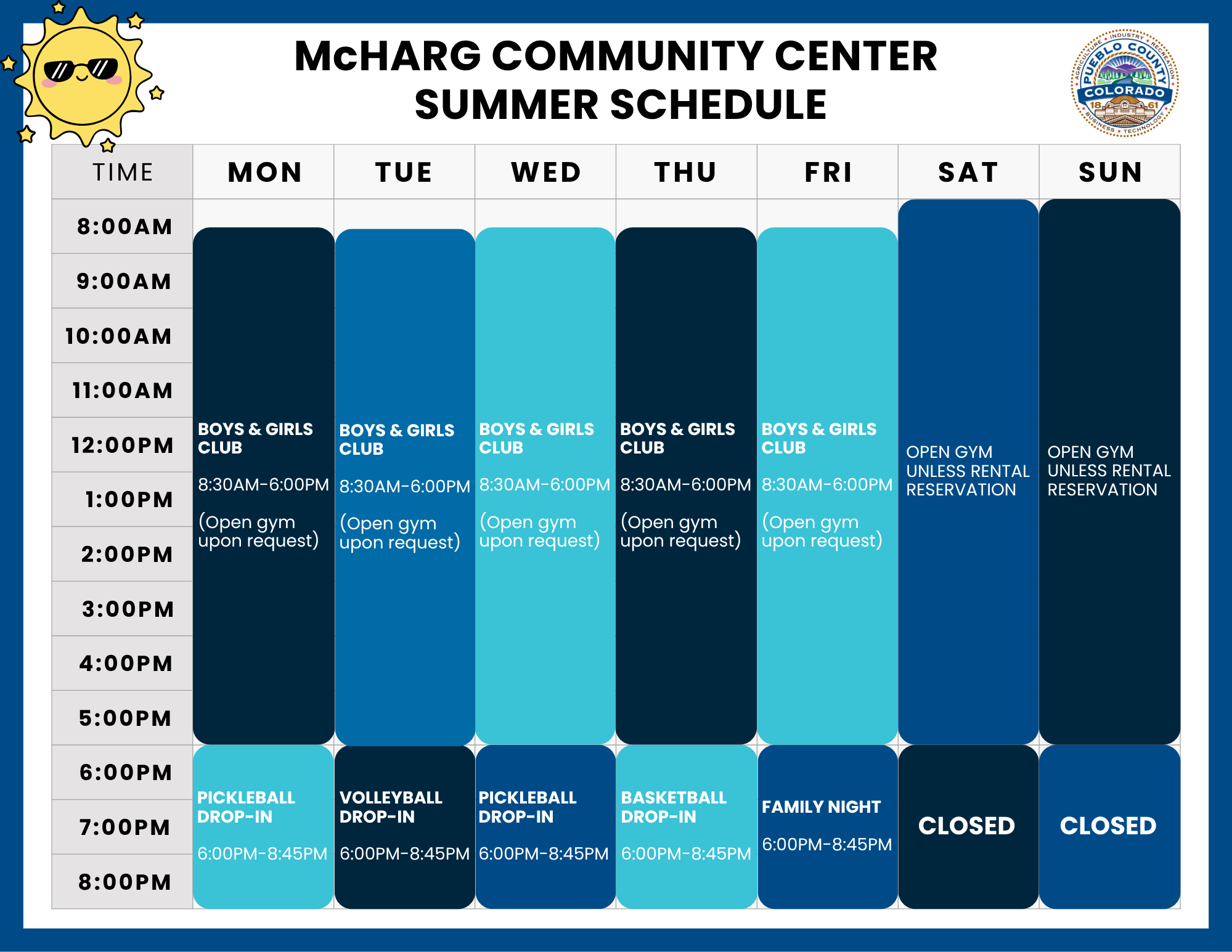 McHarg Community Center Summer Schedule. 
Schedule details by day:
Monday: Boys & Girls Club, 8:30 AM–6:00 PM (open gym available upon request). Pickleball Drop-In, 6:00–8:45 PM.
Tuesday: Boys & Girls Club, 8:30 AM–6:00 PM (open gym available upon request). Volleyball Drop-In, 6:00–8:45 PM.
Wednesday: Boys & Girls Club, 8:30 AM–6:00 PM (open gym available upon request). Pickleball Drop-In, 6:00–8:45 PM.
Thursday: Boys & Girls Club, 8:30 AM–6:00 PM (open gym available upon request). Basketball Drop-In, 6:00–8:45 PM.
Friday: Boys & Girls Club, 8:30 AM–6:00 PM (open gym available upon request). Family Night, 6:00–8:45 PM.
Saturday: Open Gym unless Rental Reservation. Closed evenings.
Sunday: Open Gym unless Rental Reservation. Closed evenings.