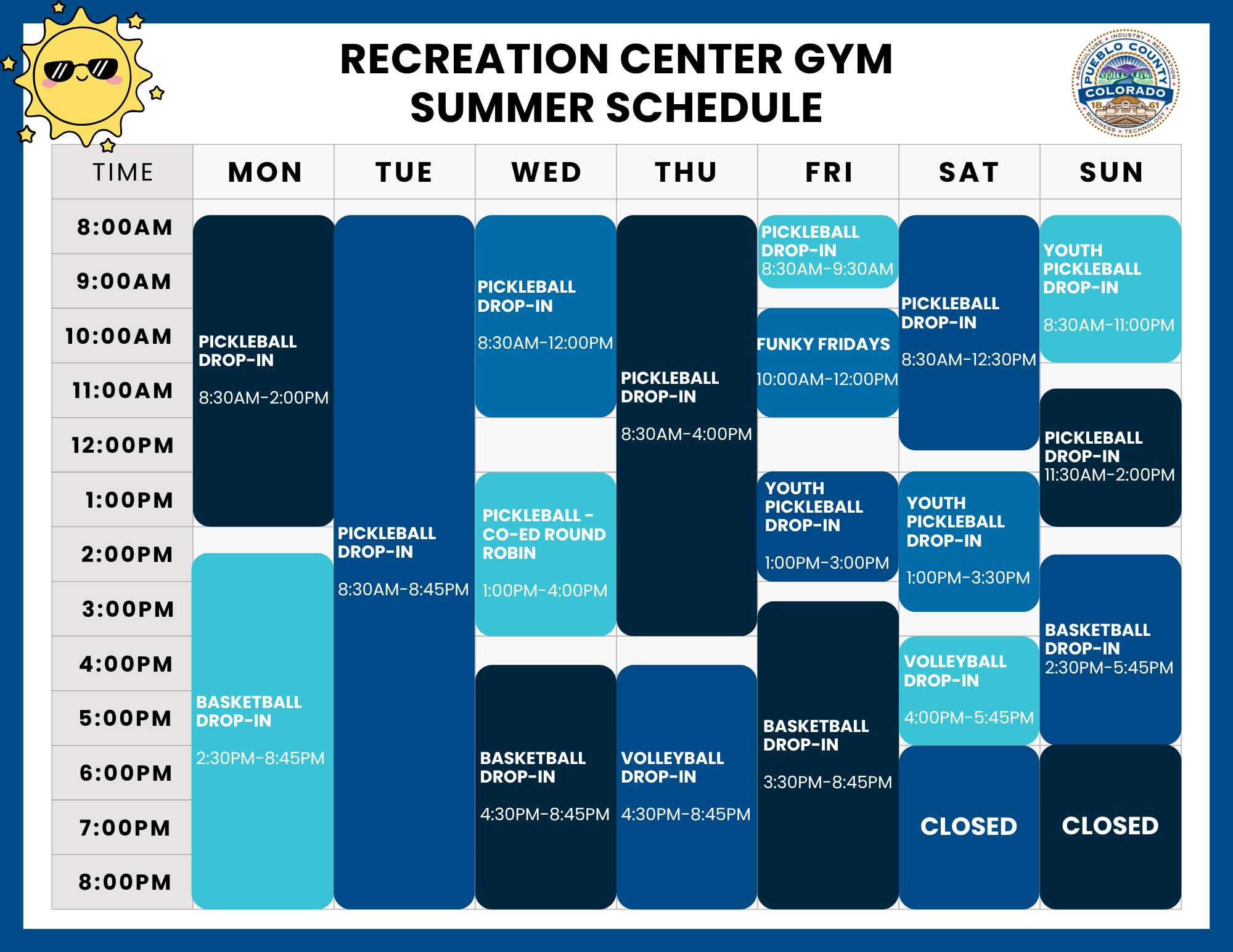 Recreation Center Gym Summer Schedule.
Schedule details by day:
Monday: Pickleball Drop-In, 8:30 AM–2:00 PM. Basketball Drop-In, 2:30–8:45 PM.
Tuesday: Pickleball Drop-In, 8:30 AM–8:45 PM.
Wednesday: Pickleball Drop-In, 8:30 AM–12:00 PM. Pickleball Co-Ed Round Robin, 1:00–4:00 PM. Basketball Drop-In, 4:30–8:45 PM.
Thursday: Pickleball Drop-In, 8:30 AM–4:00 PM. Volleyball Drop-In, 4:30–8:45 PM.
Friday: Pickleball Drop-In, 8:30–9:30 AM. Funky Fridays, 10:00 AM–12:00 PM. Youth Pickleball Drop-In, 1:00–3:00 PM. Basketball Drop-In, 3:30–8:45 PM.
Saturday: Pickleball Drop-In, 8:30 AM–12:30 PM. Youth Pickleball Drop-In, 1:00–3:30 PM. Volleyball Drop-In, 4:00–5:45 PM. Closed evenings.
Sunday: Youth Pickleball Drop-In, 8:30–11:00 AM. Pickleball Drop-In, 11:30 AM–2:00 PM. Basketball Drop-In, 2:30–5:45 PM. Closed evenings.