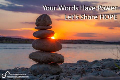 Stacked stone cairn at sunset on lake Pueblo. Text: Your Words Have Power Let's Share Hope.