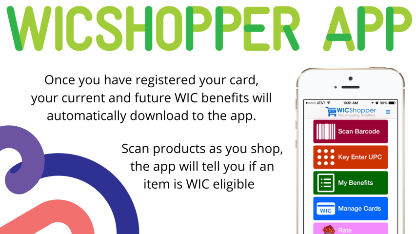 WIC Shooper App - Once you have registered you card, your current and future WIC benefits will automatically download to the app. Scan porducts as you shop, the app will tell you if an item is WIC eligible.